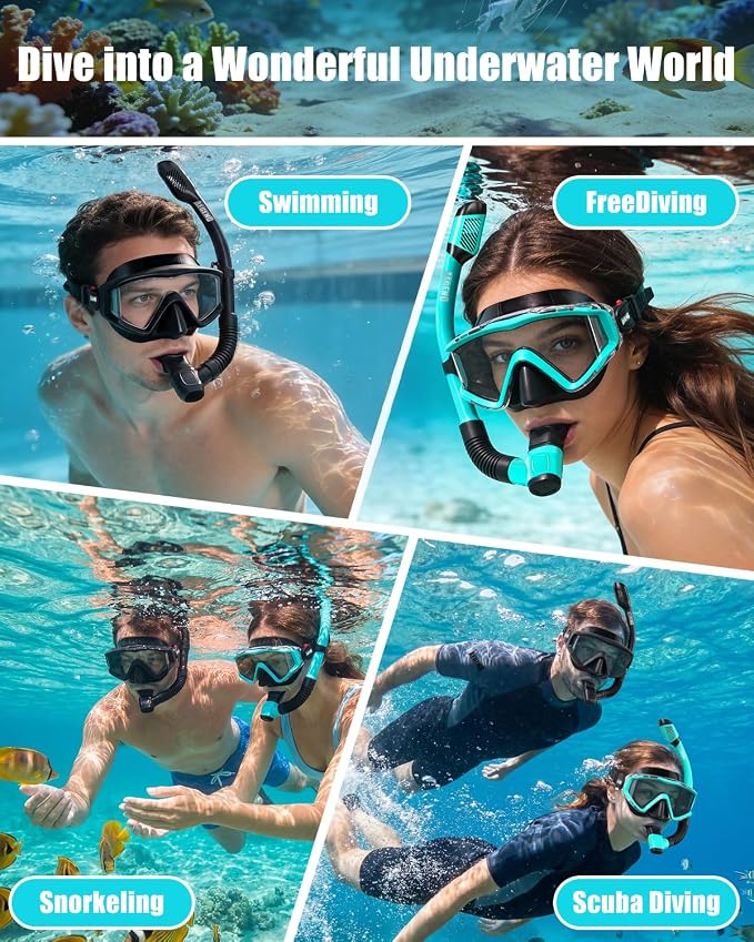 Aegend Snorkeling Gear for Adults Youth Kids, Snorkel Mask with Top Dry Valve - Panoramic View Anti-Leak and Anti-Fog with Mesh Bag for Snorkeling, Scuba Diving, Freediving & Swimming