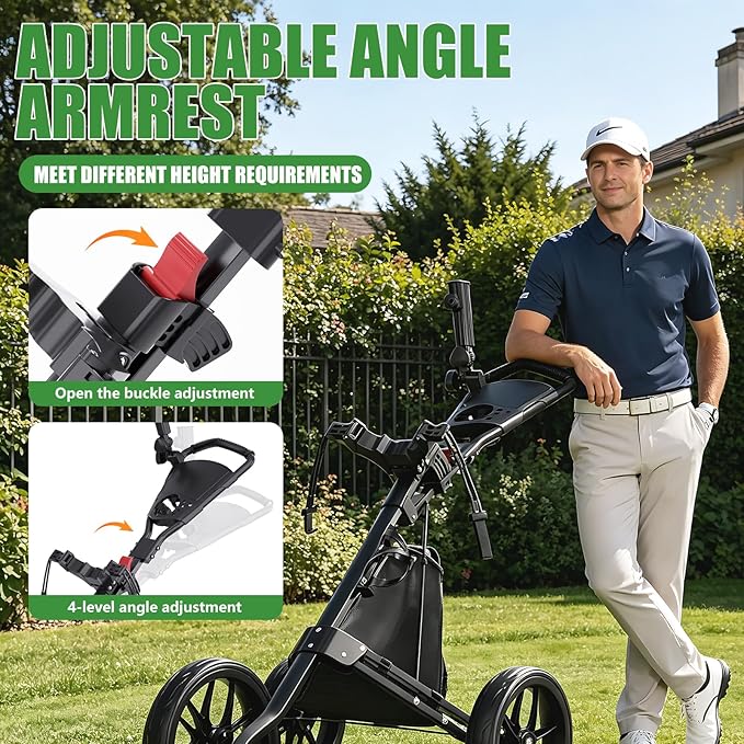 Golf Push Cart - Lightweight Aluminum 3-Wheel Foldable Golf Bag Cart with Large Wheels for All Terrain, Adjustable Handle, Foot Brake, Cooler Bag, Cup/Umbrella Holder