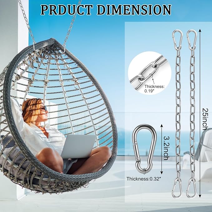 4 Pack 25in Hanging Swing Chain with 4 Carabiners, 440LB Capacity Hanging Kits Heavy Duty Hanging Chair Hardware for Hammock Swing Hanging Chair Punching Bags Sandbag Indoor Outdoor Yoga Gym (Silver)