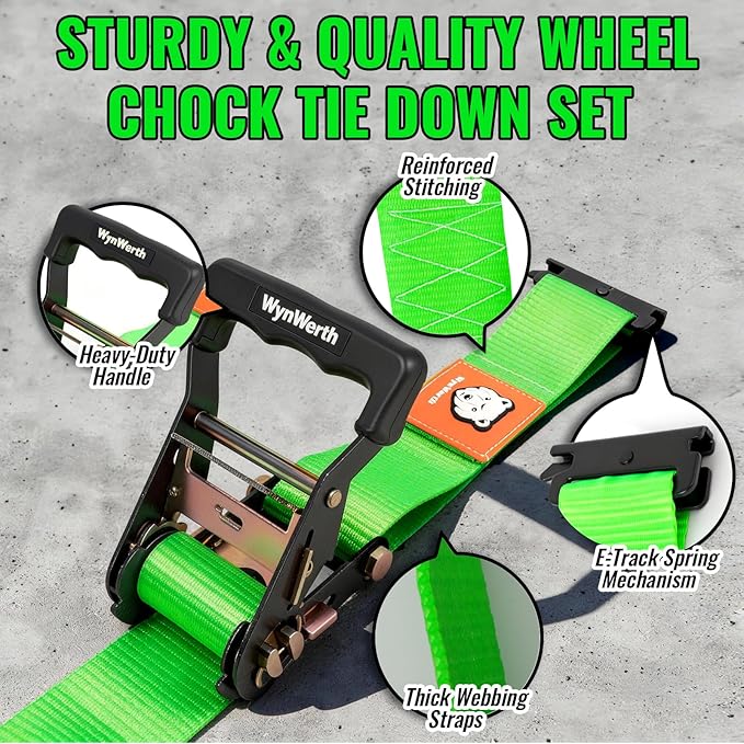 Wheel Chock Tie Down Straps kit for Trailers, E-Track Heavy-Duty Wheel Tie-Down Set for Lawn UTV ATVs, SUV,Mowers and Tractors – 4500 lbs Break Strength, 4-Pack 2in x 8ft,Green