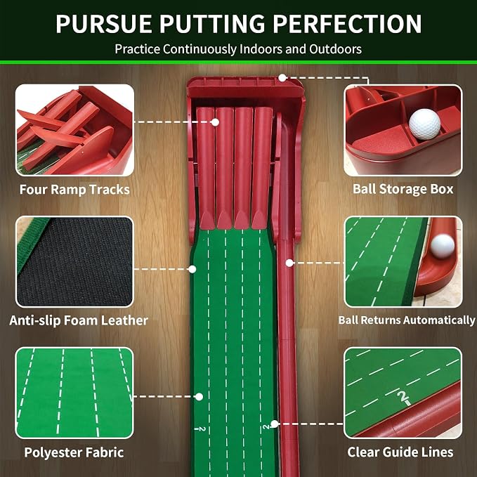 Crestgolf Professional Golf Practice Mat with Physical Feedback System – Engineer-Grade Composite, Automatic Ball Return,8 feet Suitable for Indoor Practice of Putting(Putting Green Golf Game Gift)