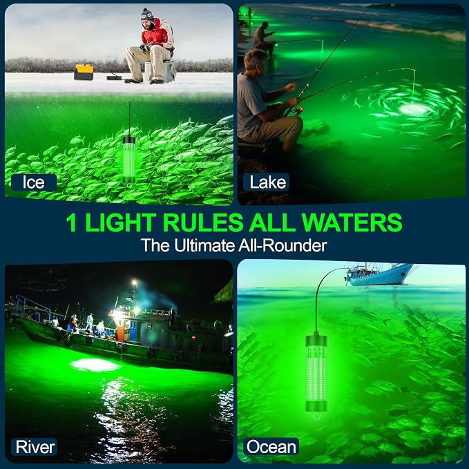 100W LED Underwater Fishing Light Compatible with for DeWalt 20V Battery (Not Included), 10000 Lumens, IP68 Waterproof Green Submersible Light with 8M Cable for Night/Boat/Ice Fishing