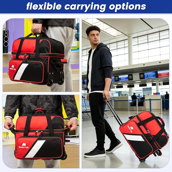 3 Ball Bowling Bags with Wheels, 2 Ball Bowling Bags Double roller with Single Ball Tote, Multi-Pockets & Shoe Compartment (Fits Up to Size 15).