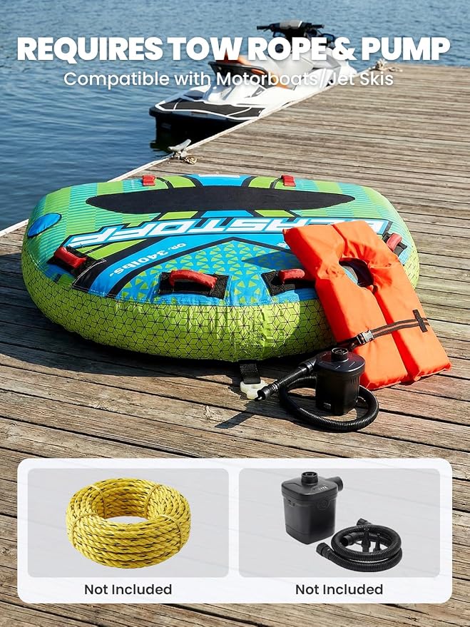 Zeraty Towable Tube for Boating 1-2 Riders, Heavy Duty Inflatable PVC Water Tube with 420D Nylon Cover & Reinforced Handles, Stable Deck Tube for Lake Ocean River, Towable for Water Sports Kids Adults