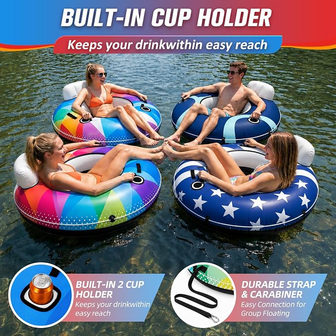 ZEALFEEL River Tube, 53'' River Float Tube with Premium Canvas Cover, Comfortable Backrest, 2 Built-in Cup Holders, Tow Strap & Handles, Inflatable PVC Water Inner Tubes for Adults Lake Pool Floating