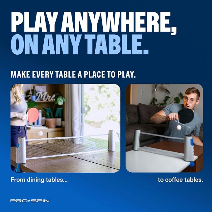 PRO-SPIN Portable Ping Pong Set with Retractable Ping Pong Net for Any Table, All-in-One Table Tennis Set with Ping Pong Paddles, Balls & Case, Table Top Family Game