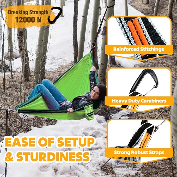 NATUREFUN Ultra-Light Travel Camping Hammock | 300kg Load Capacity,Breathable,Quick-Drying | 2 x Premium Carabiners,2 x Nylon Slings Included | Outdoor Indoor Garden