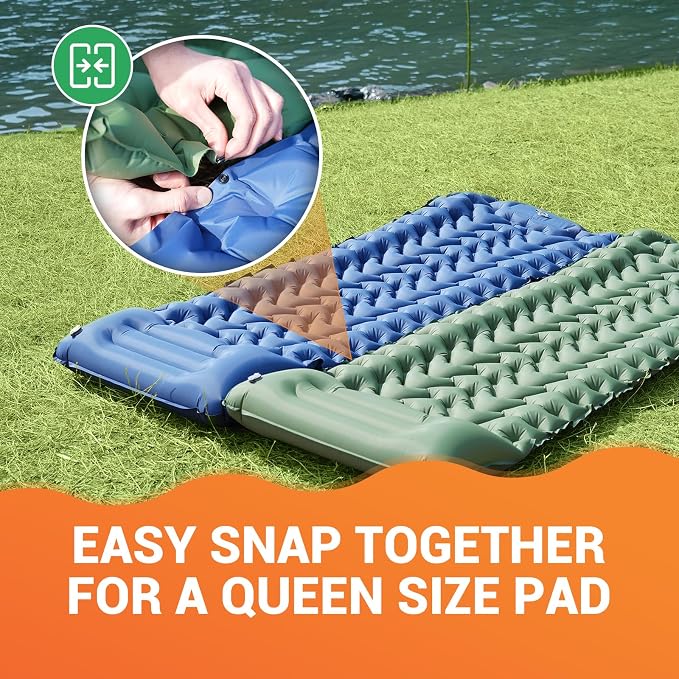KingCamp Sleeping Pad for Camping, Ultralight Connectable Inflatable Sleeping Pad Camping Mattress with 6.3" Built-in Pillow & Foot Pump for Backpacking Hiking Tent Cot