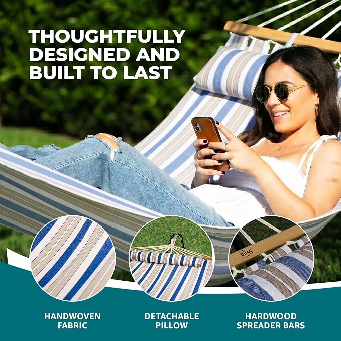 Bliss Hammocks BH-404H 48in Wide Caribbean Hammock w/Pillow, Poolside Patio Backyard Hammock, Includes Straps & Chains, Eco Friendly Polyester & Cotton Blend, 265 Pound Capacity, Nautical Stripe