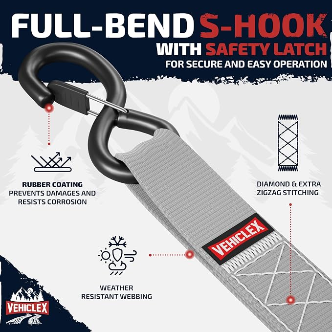 Vehiclex Motorcycle Ratchet Tie Down Straps with Soft Loops - 4PK Heavy Duty 1.5" x 8ft Kit, 4,400 lb Breaking Strength for Powersports, Silver