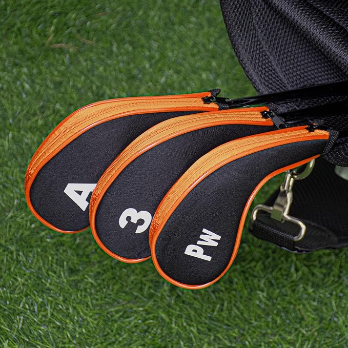 Golf Club 12pcs Thick Synthetic Zipper Long Neck Set Headcover Fit The Most Brands, Side Number Golf Iron Club Head Cover LW SW PW Covers #3,4,5,6,7,8,9