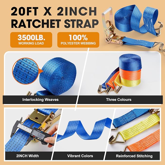 4Pack Ratchet Straps Heavy Duty-2 Inch x 20 Feet(7,500lb Break Strength), Tie-Down Ratcheting with J-Hook Cargo Straps Tiedown Ratchet for Moving and Transports with Trailers, Pickup, Flatbed Trucks