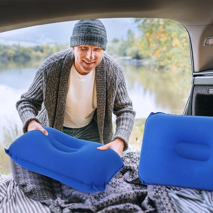 Geelin 20 Pack Inflatable Pillows for Camping Travel Beach Vacation Sand Squared Flocked Soft Fabric Backpacking Ultralight Pillows for Office Sleeping Neck Head Lumbar Support (Blue)