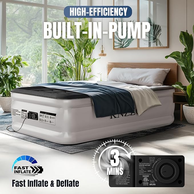 KNZZO Twin Air Mattress with Built-in Pump, 18" Top Inflatable Mattress with Waterproof Flocking Fabric, Three-Minute Quick-Inflatable Bed. Portable Blow Up Mattress for Home, Outdoor and Guests