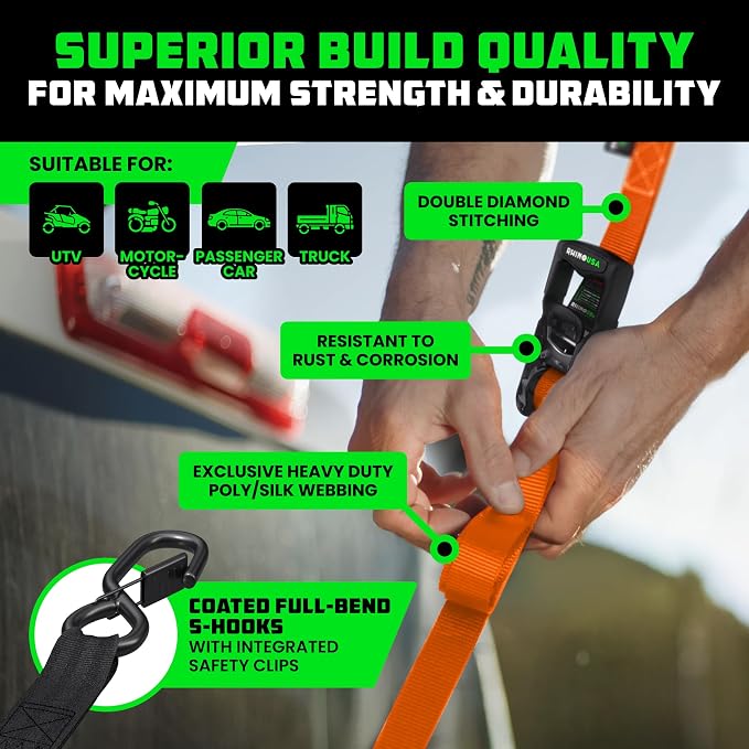 RHINO USA Ratchet Straps Tie Down Kit, 5,000 Break Strength - Includes Heavy Duty Rachet Tiedowns with Padded Handles & Coated Chromoly S Hooks + Soft Loop Tie-Downs