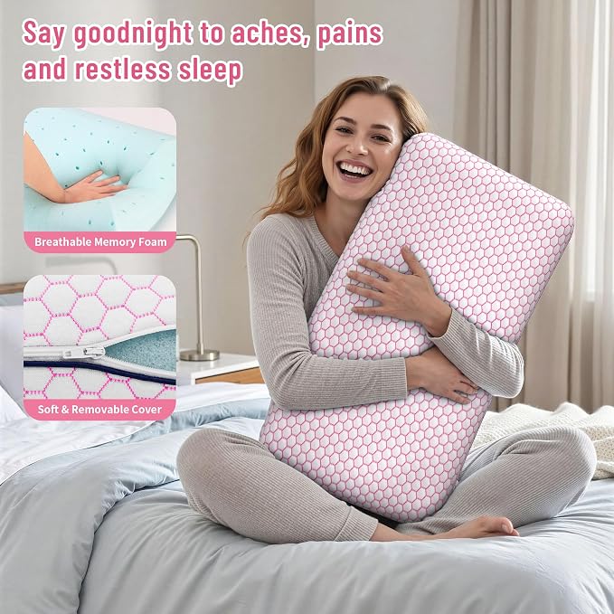 CushyOasis Memory Foam Pillows for Side, Back and Stomach Sleepers, Set of 2, Bed Pillow with Washable Cover and Breathable Mesh, Bed Pillow for Sleeping (Pink，Queen Size)