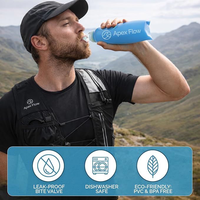 Apex Flow Running Vest for Men & Women, Adjustable Chest Straps, 9 Pockets Lightweight Reflective Hydration Vest with 500ml Soft Flask for Marathon