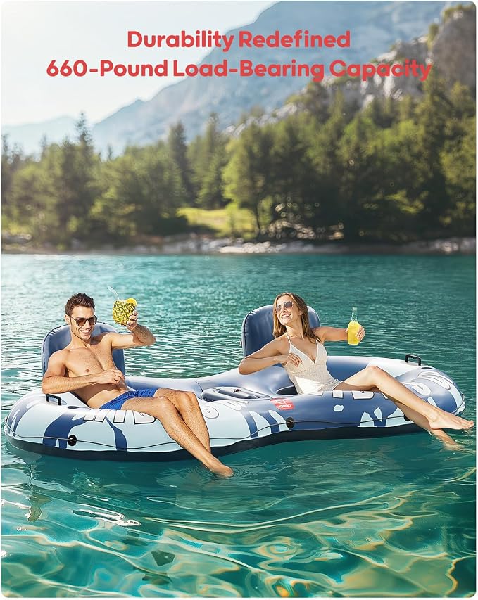 QPAU Inflatable Double River Tube, 2 Person 660lb Capacity, Puncture-Resistant 93" Sturdy Heavy Duty River Float, River Raft with Ergonomic Backrest, Cooler & Cup Holders for Family