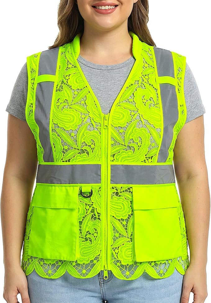 Lace-Mesh Safety Vest for Women & Men - Breathable, High Visibility Vest with Zipper & ANSI Class 2 Reflective Strips