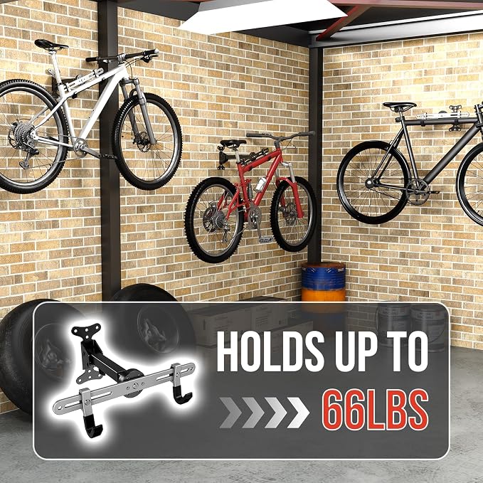 Heavy-Duty Bike Wall Mount for Garage Aluminum Alloy & Steel Folding Bicycle Rack,360° Rotation,Adjustable Hook, 66lbs Capacity Horizontal Indoor Bike Storage, for Road Mountain Hybrid Bikes