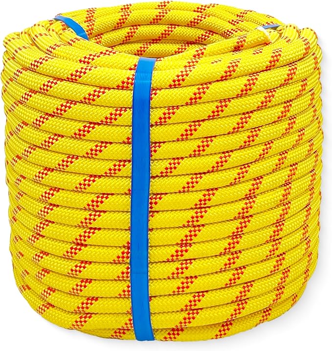 1/2 in x 150 ft Polyester Arborist Rigging Rope, Yellow Braided Tree Climbing Rope 48 Strands for Farm Work and Swinging
