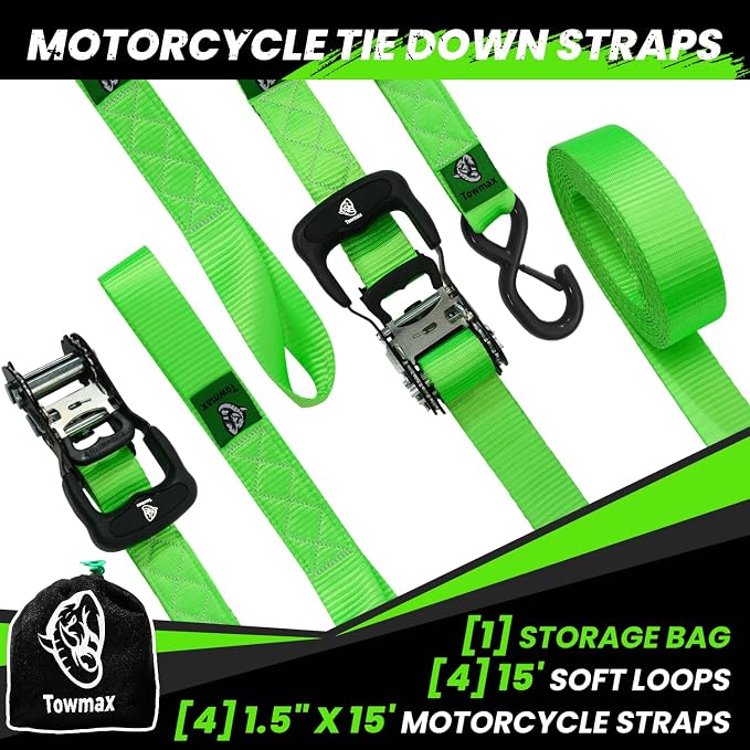 Ratchet Straps Heavy Duty 4 Pack -1.5 Inch x 15 Feet (5,208LB Break Strength)- Motorcycle Tie Down Straps -1.5xThickened Wear-Resistant Ratchet Tie Down Set for Powersports, Motorcycle or Moving Cargo