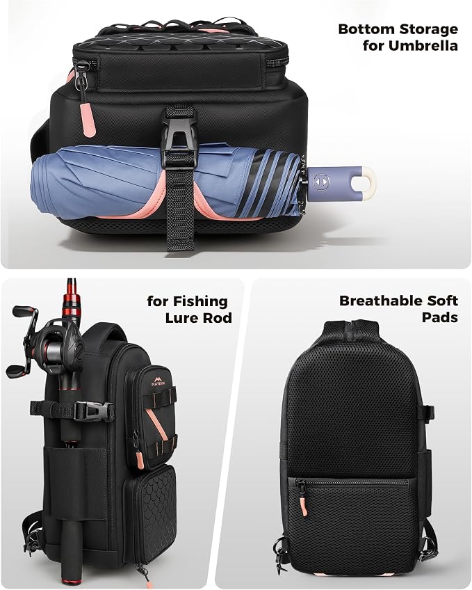 MATEIN Fishing Sling Bag with Lure Rod Holder & Phone Pouch, Waterproof 3600 Tackle Box Backpack with Removable Bait Binder