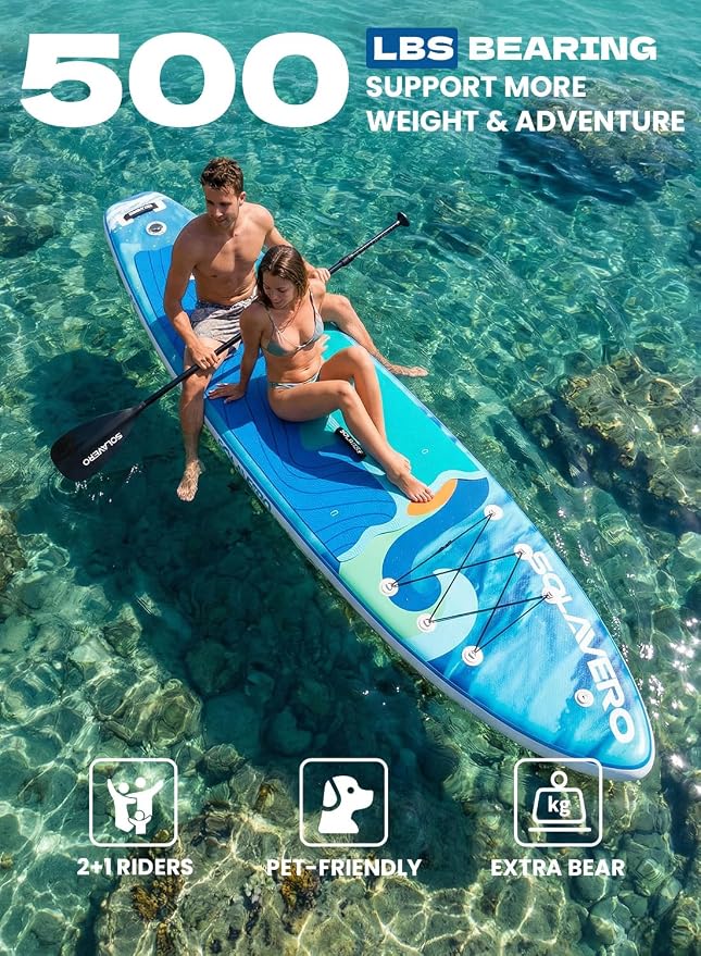 SOLAVERO Stand Up Paddle Board, 11‘ Inflatable SUP Supports 500LB - Wide Stable Board with Non-Slip EVA Deck for Adults & Youth of All Skill Levels