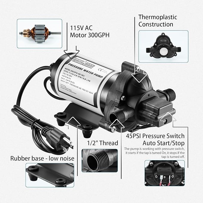 WASSERMANN RV Water Pumps 115V AC Pressure Pump with Pressure Switch, Self-priming Water Pump 4.0GPM 45PSI, Fresh Water Pump for RV, Kitchen Barthroom Camping Marine Yacht Garden Diaphragm Pump115volt