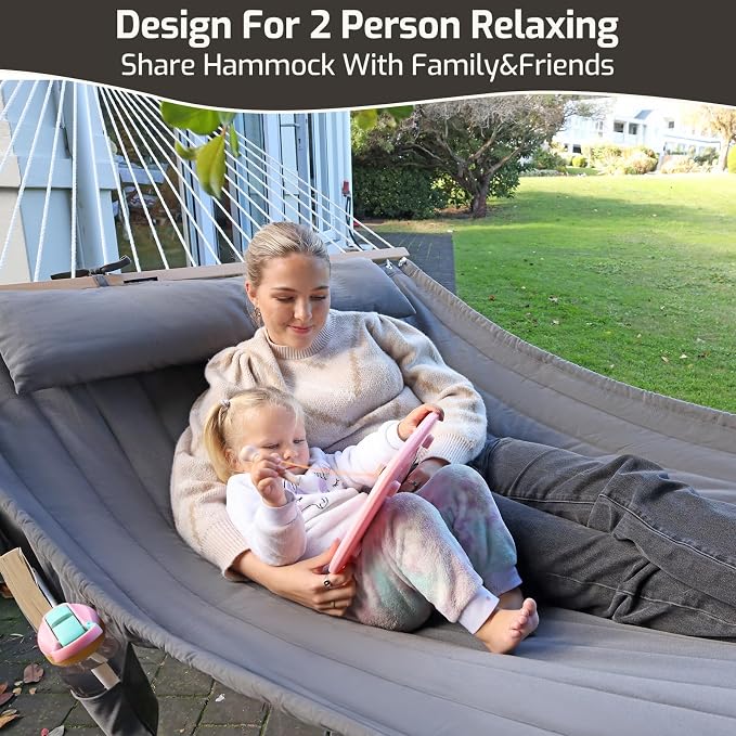 CHULIM Double Quilted Fabric Hammock with Hardwood Spreader Bars and Pillow 450 LBS Capacity 2 Person Large Hammock for Outdoor Patio Backyard Poolside - Dark Grey
