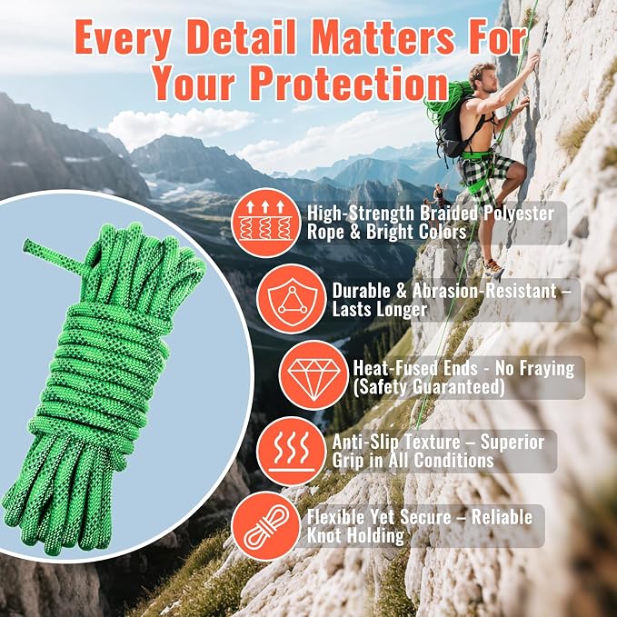 10.5mm Static Climbing Rope - 32FT Rock Climbing Rope for Adults & Kids, Outdoor Heavy Duty Rappelling Ropes for Fire Rescue, Escape, Ice Climbing, Parachute, Caving - Army Green