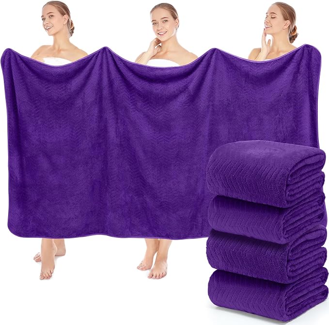 SmoothNovelty 4 Pack Bath Sheets 40 x 80 Inch Oversized Jumbo Extra Large Towels Quick Dry Coral Fleece Absorbent Soft Lightweight XL Shower Towels for Home Gym Travel Beach Spa Pool Hotel (Purple)