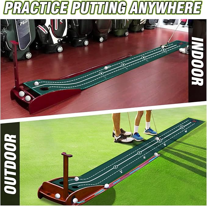 Golf Putting Mat Indoor with Automatic Ball Return, Premium Velvet Golf Practice Mat with Wooden Base, Dual Hole Sizes, Distance Markers, Indoor Putting Green for Home Office Golf Training
