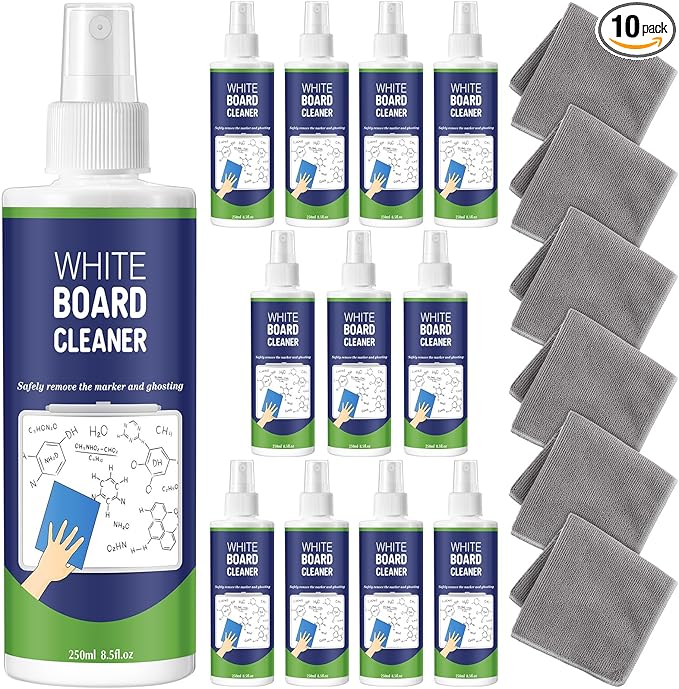 10 Pack White Board Cleaner Spray, 8.5oz Dry Erase Board Cleaner for Whiteboard, Removes Permanent Marker Stains, Non-Toxic Cleaning Solution with 6 Cloths for School Office