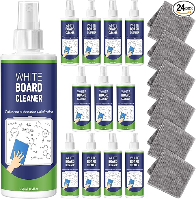 24 Pack White Board Cleaner Spray, 8.5oz Dry Erase Board Cleaner for Whiteboard, Removes Permanent Marker Stains, Non-toxic Cleaning Solution with 6 Cloths for School Office