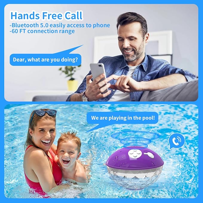 Floating Pool Speakers with Colorful Lights, Bluetooth Wireless Pool Speaker Floatable IP68 Waterproof, Built-in Mic & Crystal Clear Sound Bluetooth Hot Tub Speaker for Pool Party Outdoors