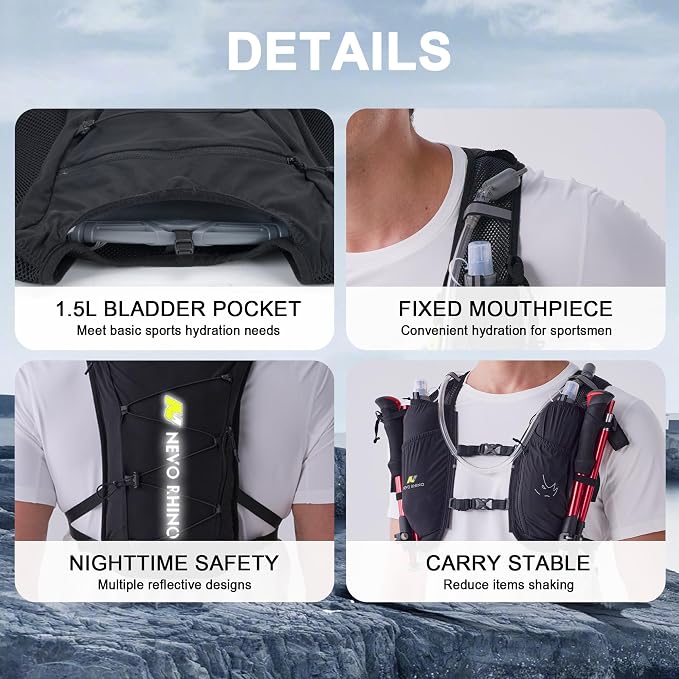 N NEVO RHINO 5.5L Running Vest for Women Men, Lightweight Hydration Vest with 1.5L Water Bladder, Breathable Water Backpack for Hiking Marathon Running