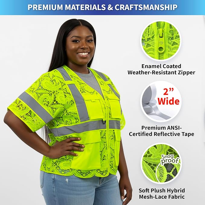 Lace-Mesh Safety Vest for Women & Men - Breathable, High Visibility Vest with Zipper & ANSI Class 2 Reflective Strips