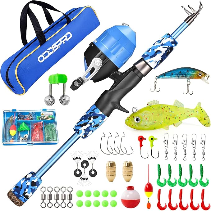 ODDSPRO Kids Fishing Pole - Portable Telescopic Kids Fishing Rod and Reel Combo Kit - with Spincast Fishing Reel Tackle Box for Girls, Youth