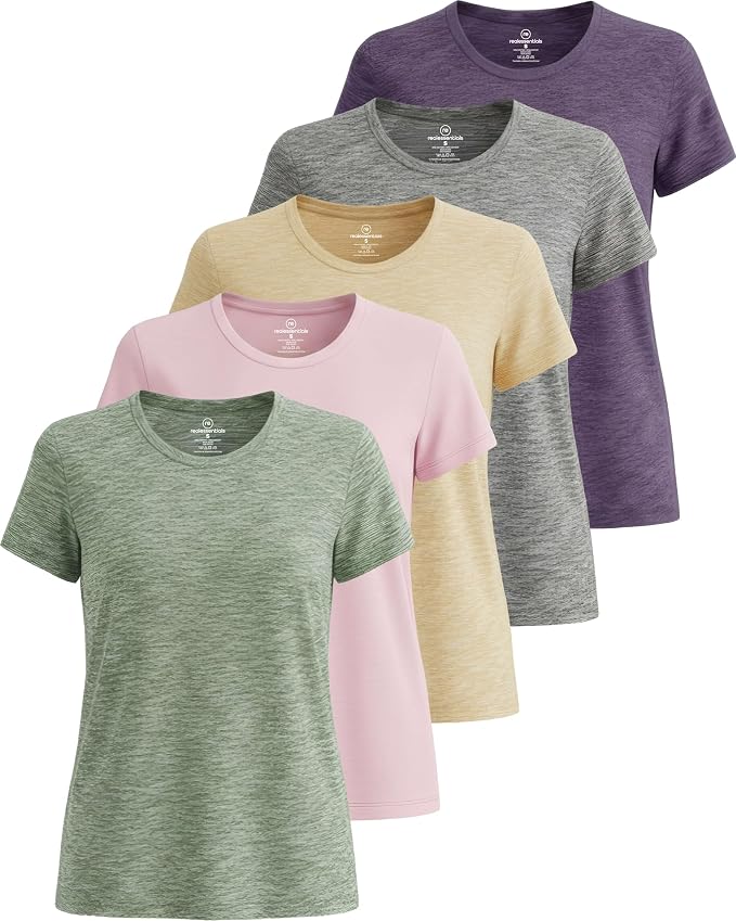Real Essentials 5 Pack: Women's Short Sleeve T-Shirts Workout Tops Fitness Pilates Gym Activewear Athletic (Plus Available)