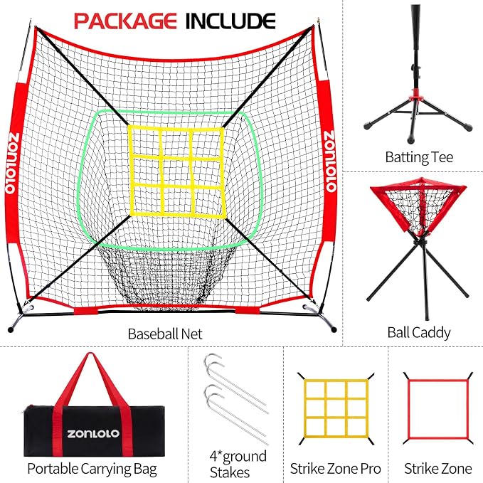 ZONLOLO 6x6ft Portable Baseball & Softball Net for Hitting，Pitching and Throwing, with Sturdy Bow Frame,Battting Tee,Ball Caddy and 2 Strike Zones, Perfect Pitching net for Kids!
