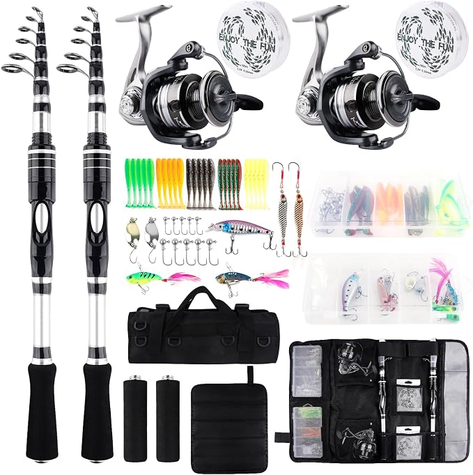 2PCS Telescopic Fishing Rods and Reels Combo Set Portable Fishing Pole | Spinning Reel Lures Accessories with Storage Bag Saltwater Freshwater Fishing Pole Combo Fishermen Gift