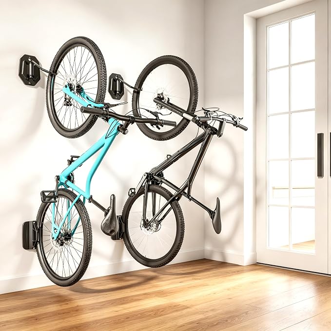 PEGZONE Swivel Bike Wall Mount, Heavy Duty Vertical Bike Rack with Fixed Hooks for Garage Storage, Wall Mounted Bicycle Hangers Holds up to 77 lbs for Indoor, 2 Pack