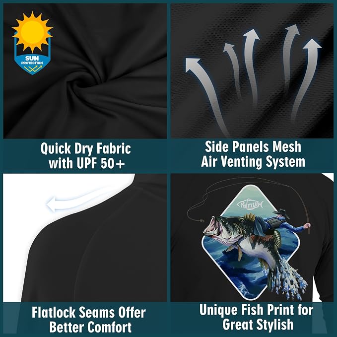 Palmyth Fishing Hoodie for Men Long Sleeve Sun Protection UV UPF 50+ Shirts | Hidden Zipper Pocket, Thumb Loops, Quick-Dry, Side Mesh Panels, Lens Cleaning Cloth, 4-Way Stretch