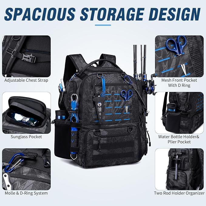 Fishing Tactical Backpack with 2 Rod Holders, Waterproof Tackle Bag with Bottle Holder,50L Large Storage Bag for Fishing Gear and Equipment, Black Camo