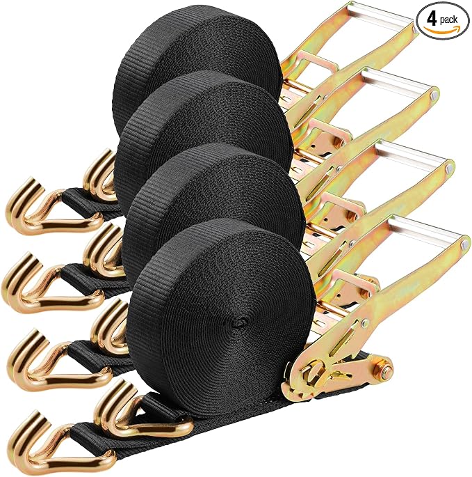 TLGREEN 4 Pack 2 in x 27 FT Double J Hook Ratchet Straps (11,000 lbs Break Strength), Heavy Duty Tie Down Straps for Trucks(Black)