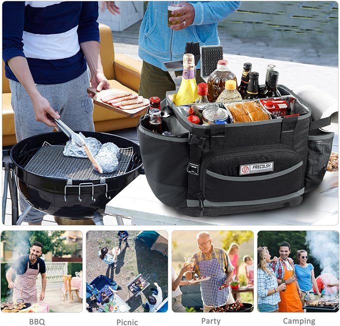 Large BBQ Organizer with Molded Hard Base, Compatible with Blackstone Outdoor Utensil Bag for Camping, Picnic & Tailgating, Portable Cooking Accessories Tote, Gift for Men
