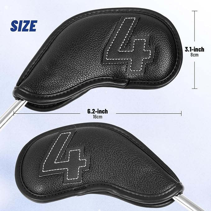 Craftsman Golf 10pcs Clean and Simple Black Iron Headcover Set Premium Leather Large No. on Both Sides Easy for Recognize Magnetic Closure