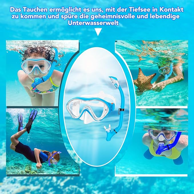 Snorkeling Gear for Kids with Foldable Silicone Full Dry Snorkel, Kids Snorkel Set Anti Leak Youth Junior Snorkeling Package Diving Mask Soft Tube with Mesh Bag Scuba Swimming Goggles