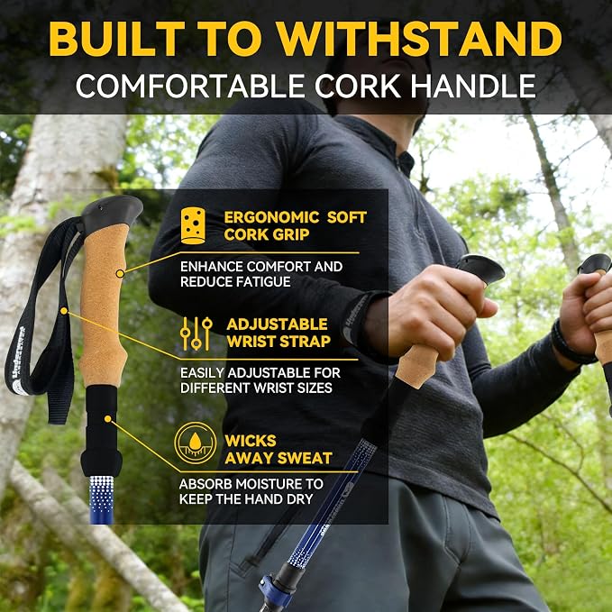 Carbon Fiber Trekking Poles Lightweight - Collapsible Hiking Poles with Cork Grip & Quick-Lock System, 2 PCS Adjustable Backpacking & Mountaineering Walking Hiking Sticks for Men, Women, Seniors
